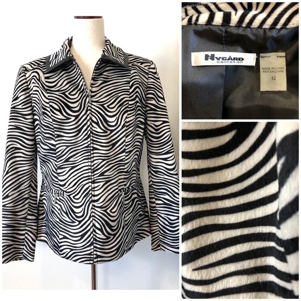 VTG Nygard Collection Zebra Print Statement Jacket‎ Zip Front Collared Y2K Sz 12